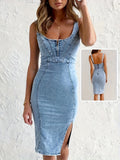 Y2K U-Neck Split Denim Mini Dress Women Slim Backless Sleeveless Short Dress Summer Beach Vacation Light Blue S-XXL