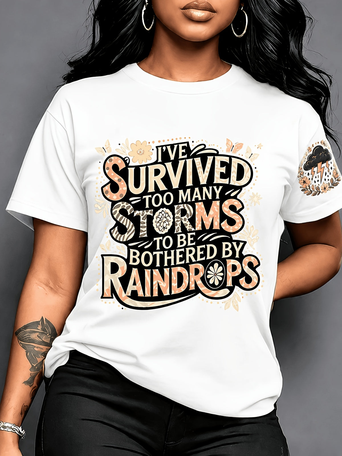 Women's Casual Graphic Crew Neck T-Shirt 'I've Survived Too Many Storms' Print | Maternity Clothes Ladies Top Opaque Fabric Seasonal Fashion