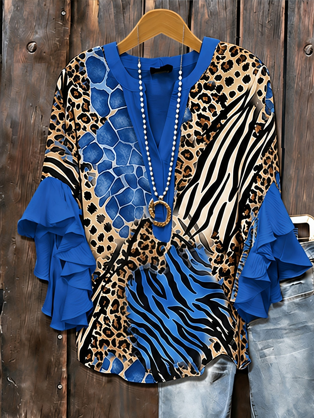 Animal Print Ruffle Sleeve Tunic Top Women V-Neck Long Blouse Three Quarter Patchwork Loose Fit Casual Daily Commute Date Night 95% Polyester