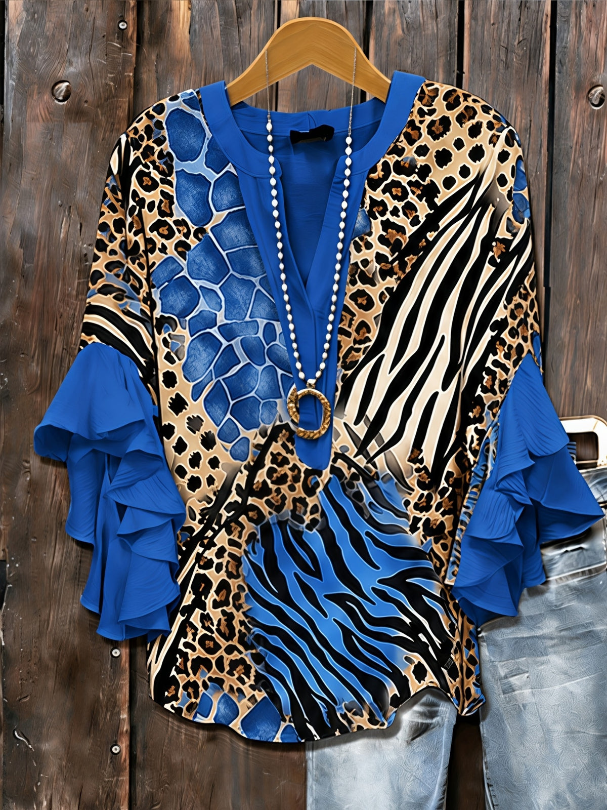 Animal Print Ruffle Sleeve Tunic Top Women V-Neck Long Blouse Three Quarter Patchwork Loose Fit Casual Daily Commute Date Night 95% Polyester