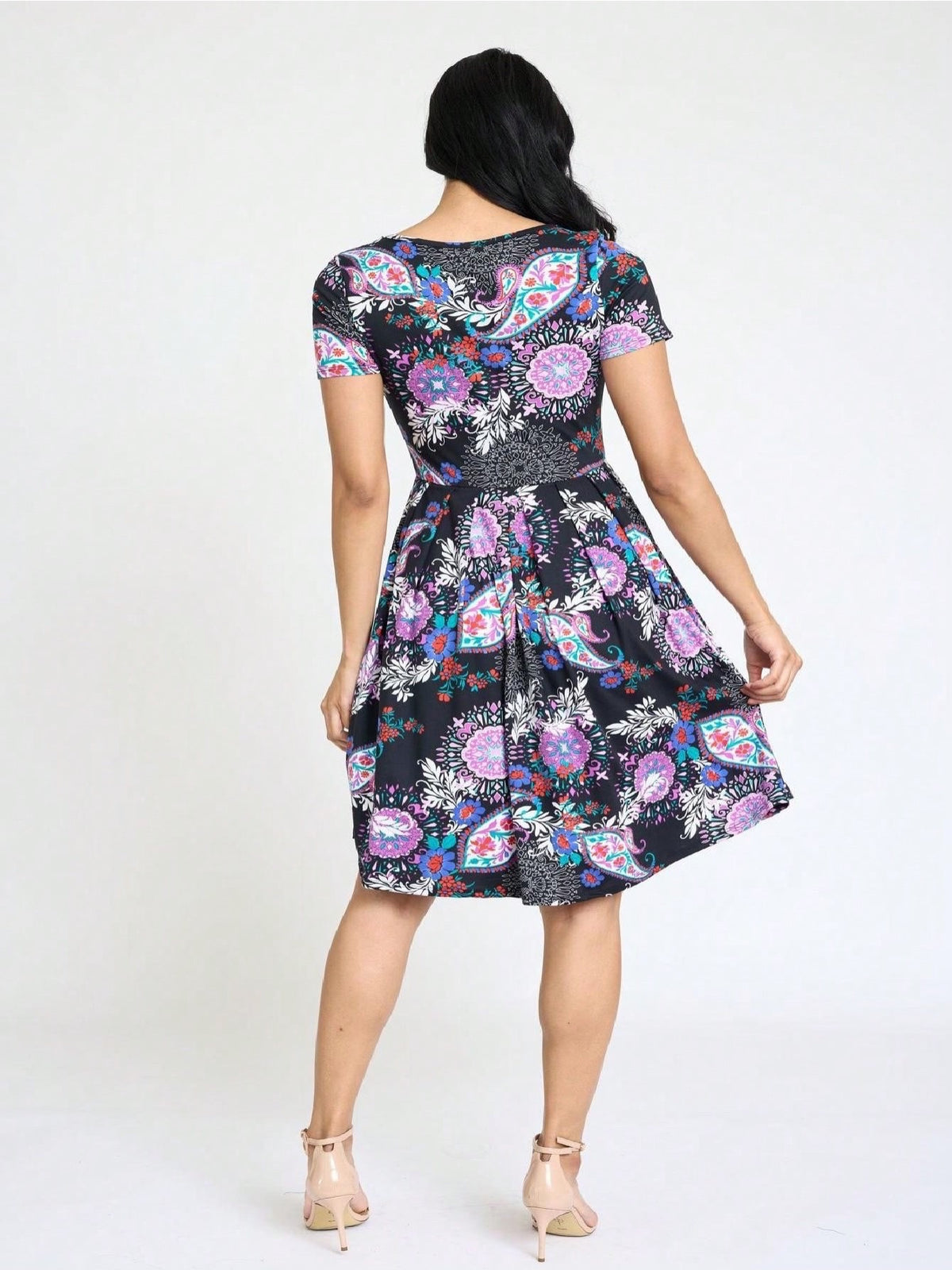 Paisley Floral Swing Dress Women Chevron Stripe Patchwork Pleated Square Neck Elastic Waist Midi Casual Plus Size S-3X
