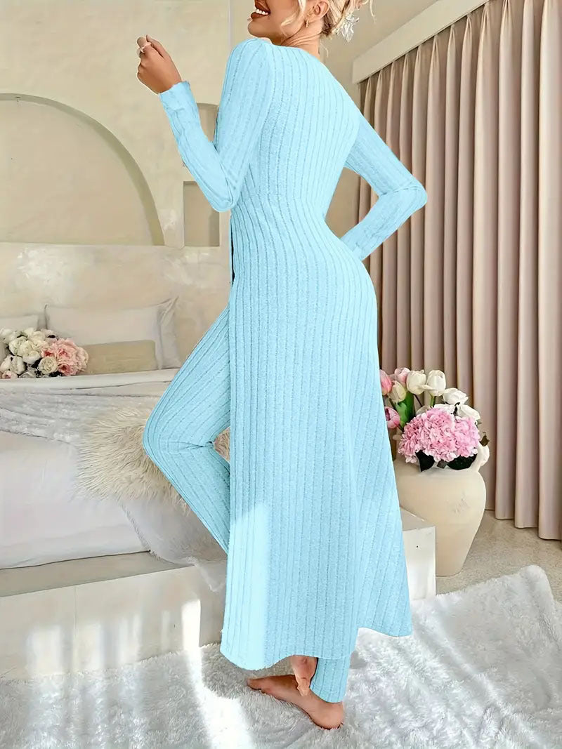 Heavyweight Fleece Lounge Set Women Oversized Long Sleeve Wide-Leg Pants Cozy Winter Two-Piece Ribbed Minimalist S-XL