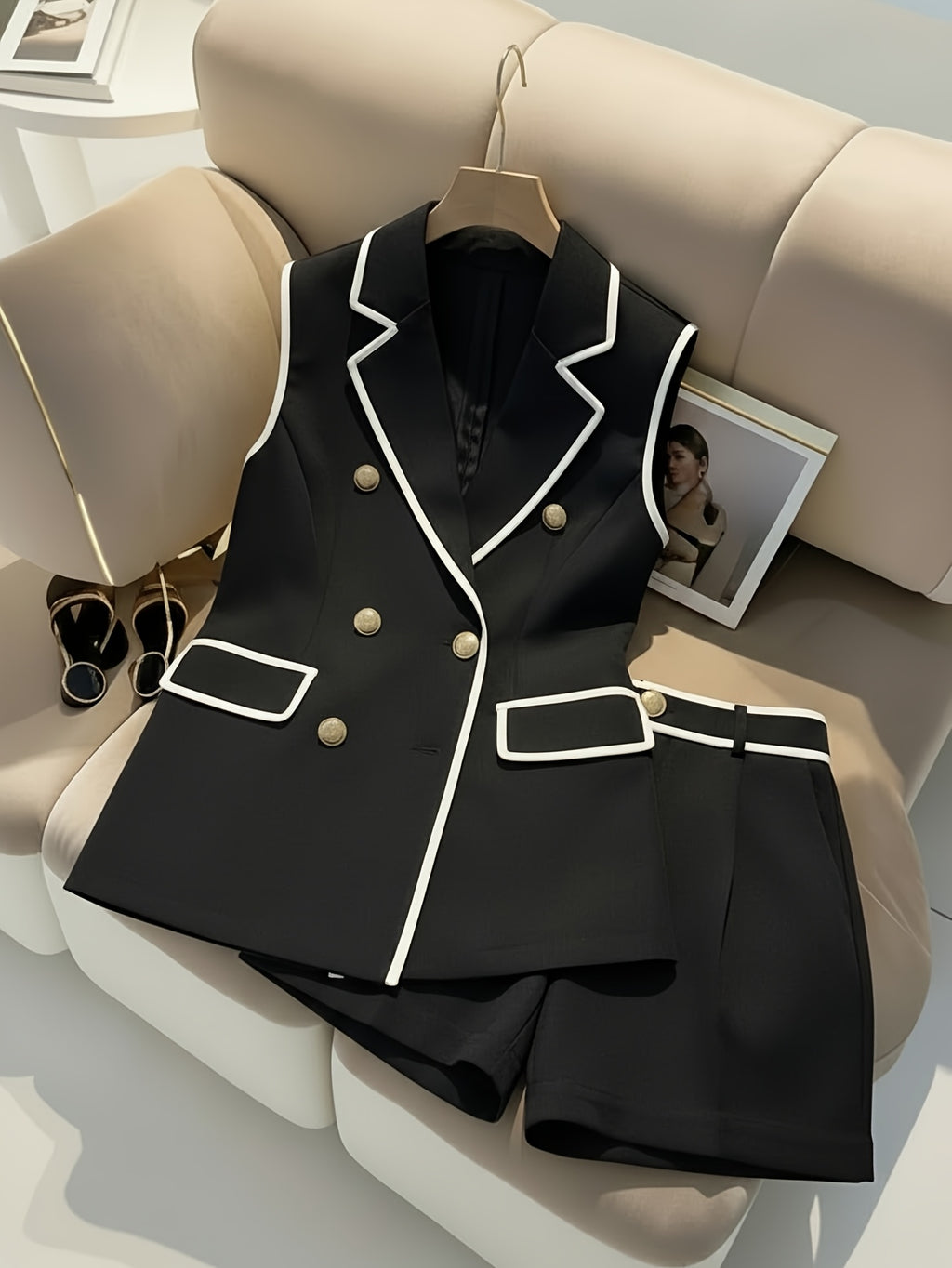 Double-Breasted Vest & Shorts 2-Piece Set for Women - Black White Contrast Trim Polished Casual Suit Chic Matching Outfit