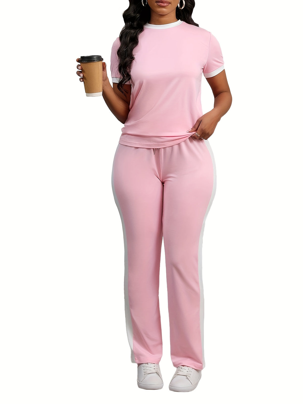 Women Colorblock 2 Piece Tracksuit Set Short Sleeve Crew Neck Top Striped Sweatpants Casual Lounge Jogger Matching Outfit for Workout Everyday Wear