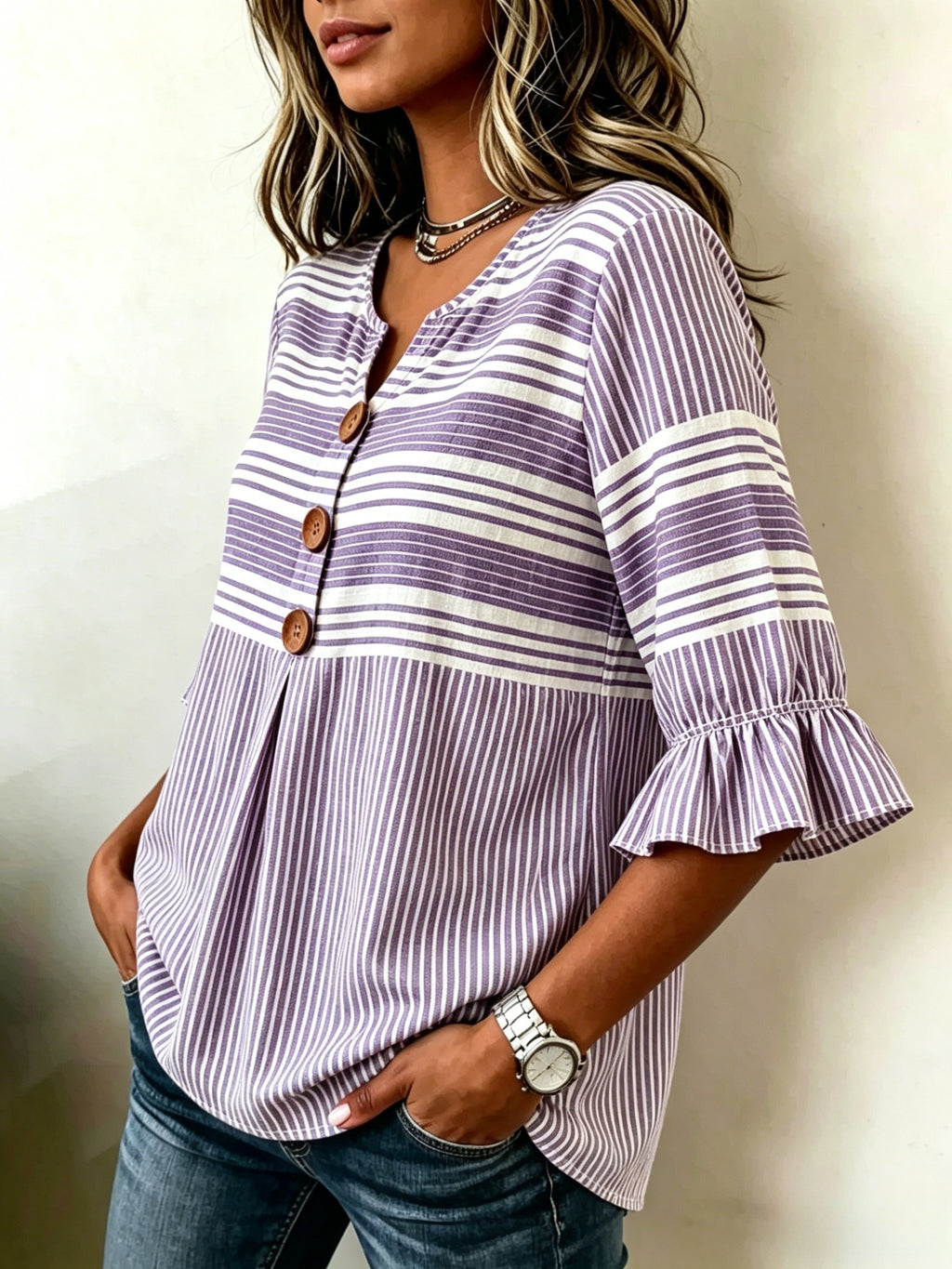 Striped V-Neck Blouse Women Ruffle 3/4 Sleeve Loose Fit Tunic Top Lightweight Linen Button Detail Summer Shirt S-2XL