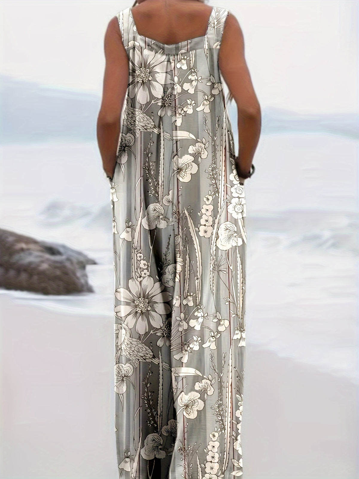 Women Floral Print Loose Jumpsuit Overall Romper Strappy Back Vacation Spring Summer Boho Casual S-XXL