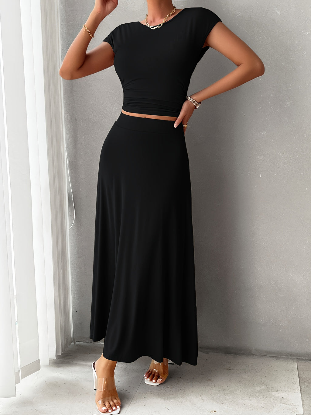 Women's 2pcs Lounge Set Crew Neck Short Sleeve Crop Top & Elastic Waist Maxi Skirt Soft Stretch Casual Summer Vacation Matching Outfit