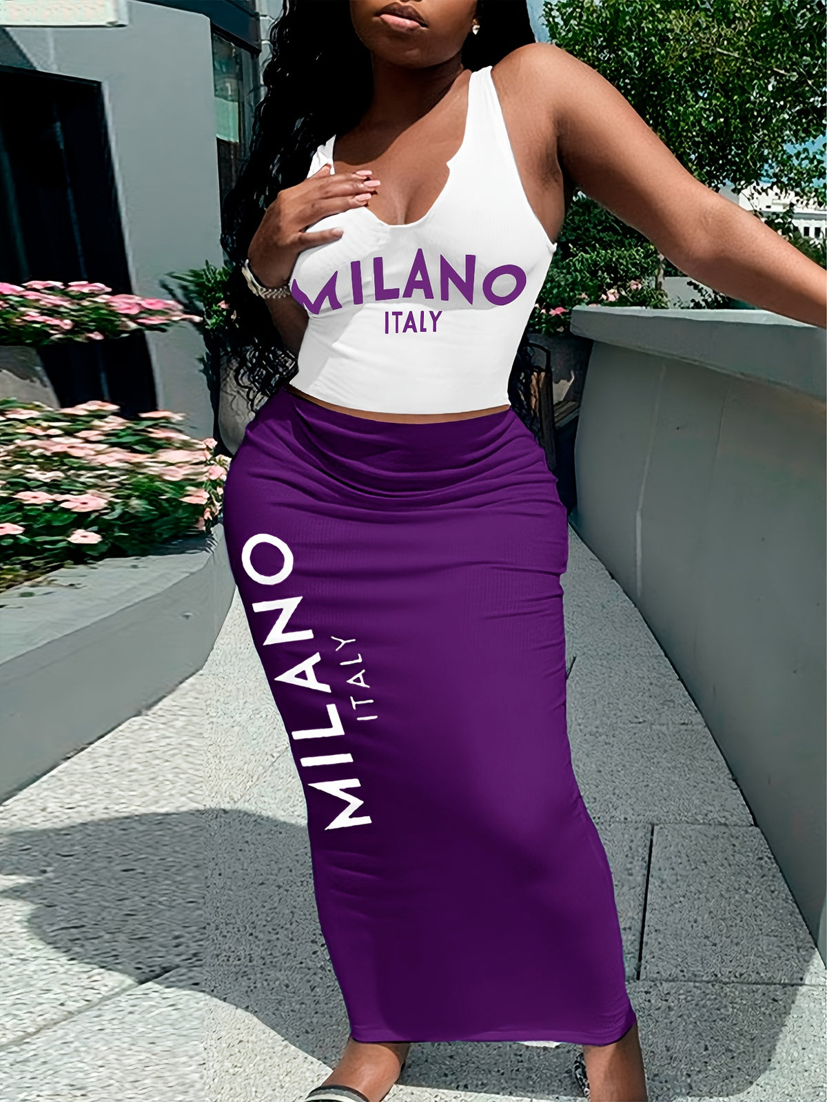 Letter Print 2 Piece Dress Set Women Sleeveless Deep V Neck Sexy Casual Streetwear Summer Party Outfit - Soft Stretch Spring Festival Travel