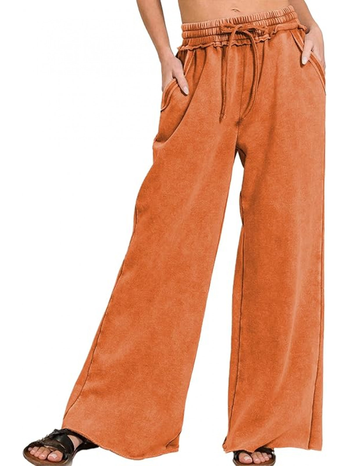 Acid Wash Palazzo Sweatpants Women High Waist Drawstring Wide Leg Pants Pockets Black Blue Sage Green