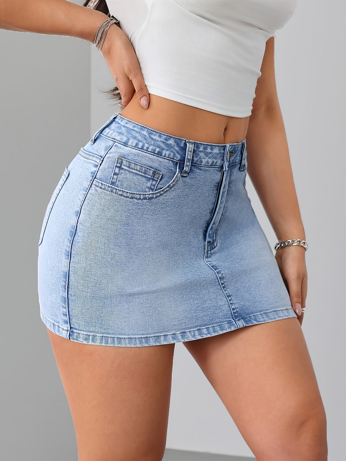 Embroidered Mini Skirt Women Elastic Waist Back Pockets Short Skirt Casual Chic Daily Wear Versatile Spring Summer