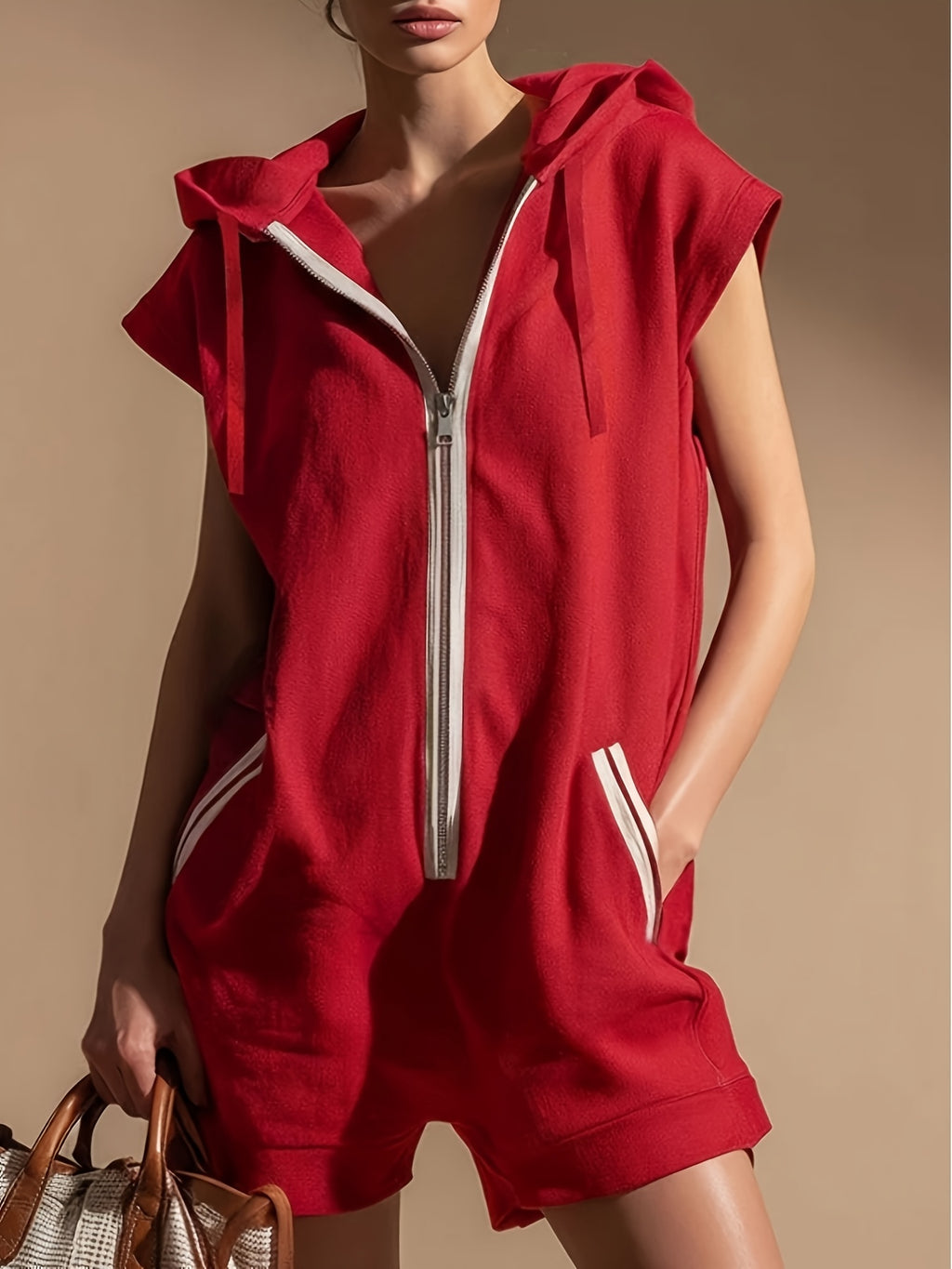 Women's Hooded Sweatshirt Sports Jumpsuit Solid Color Casual Athletic One Piece Hoodie Romper Activewear for Outings & Gym