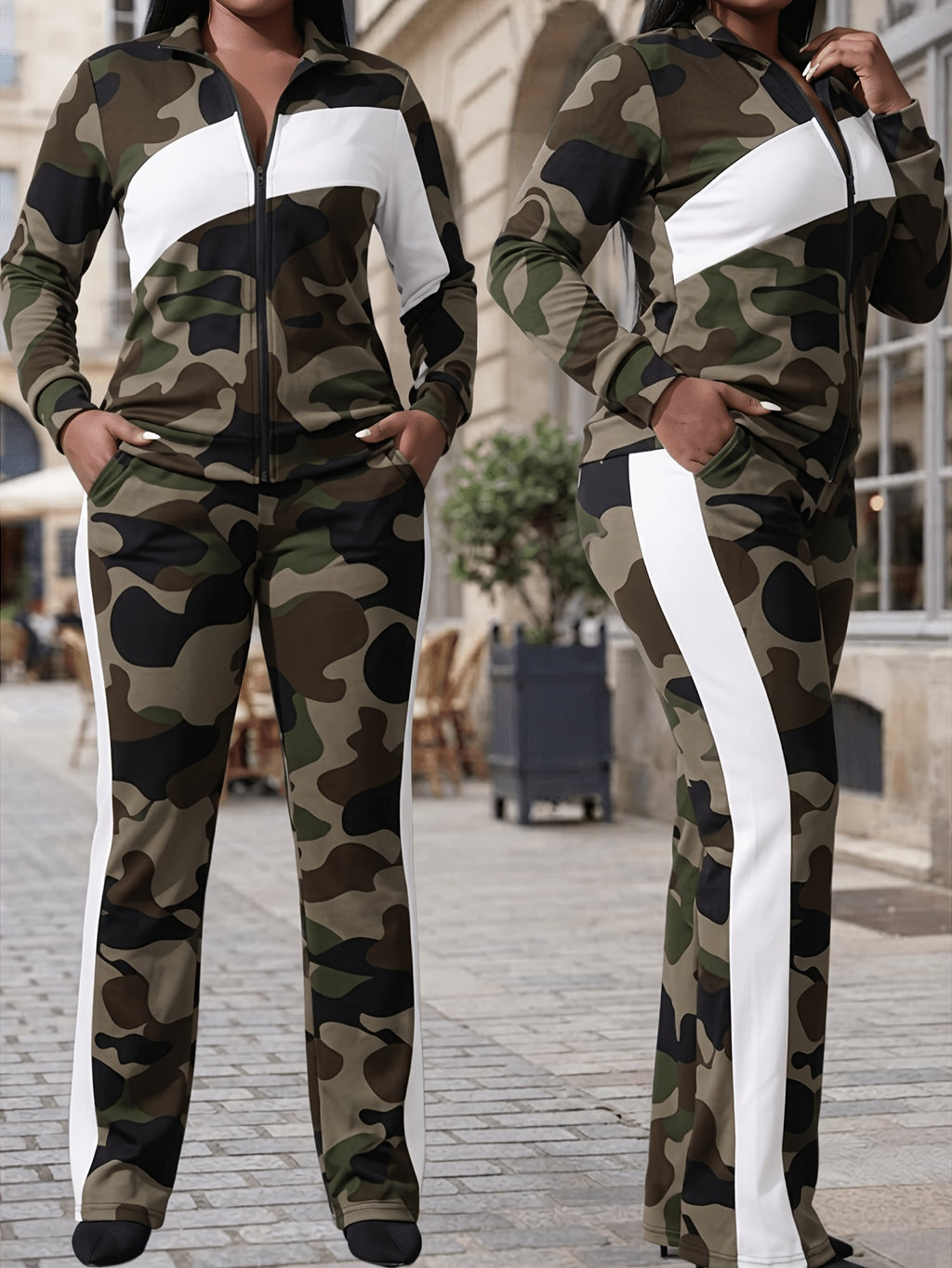 2 Piece Tracksuit Set Women Zip-Up Pattern Print Long Sleeve Top High Waist Skinny Jogger Pants Sweatsuit S-XXL