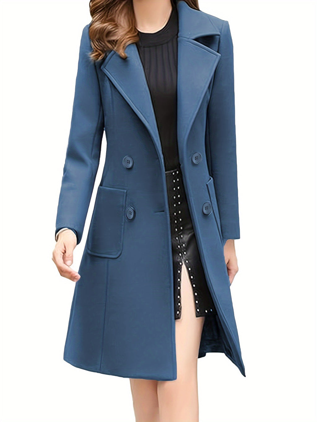 Mid Length Double Breasted Lapel Coat for Women, Suede PU Fabric Lined Winter Overcoat, Elegant Transitional Spring Fall Long Jacket, Classic Chic Women's Trench Coat