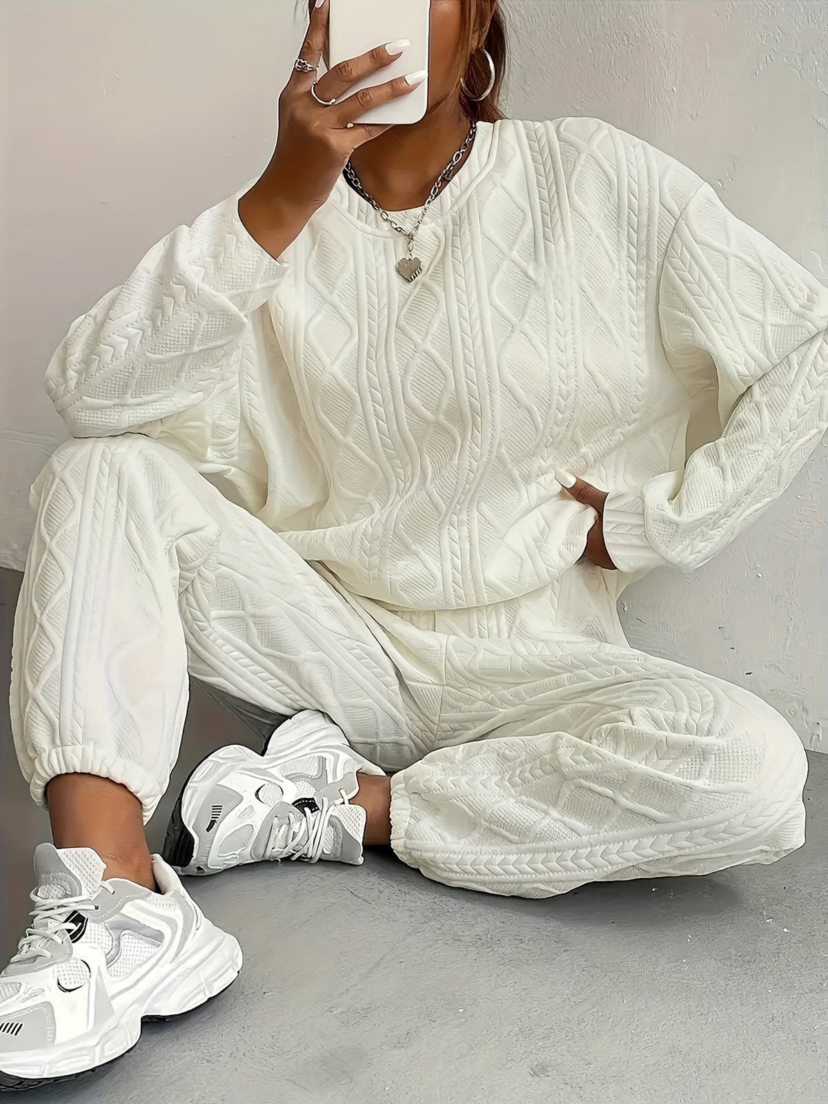 Jacquard Cable-Knit 2 Piece Set Women Round Neck Sweatshirt and Trousers Matching Outfit - Loose Fit Fall Winter Co-ord