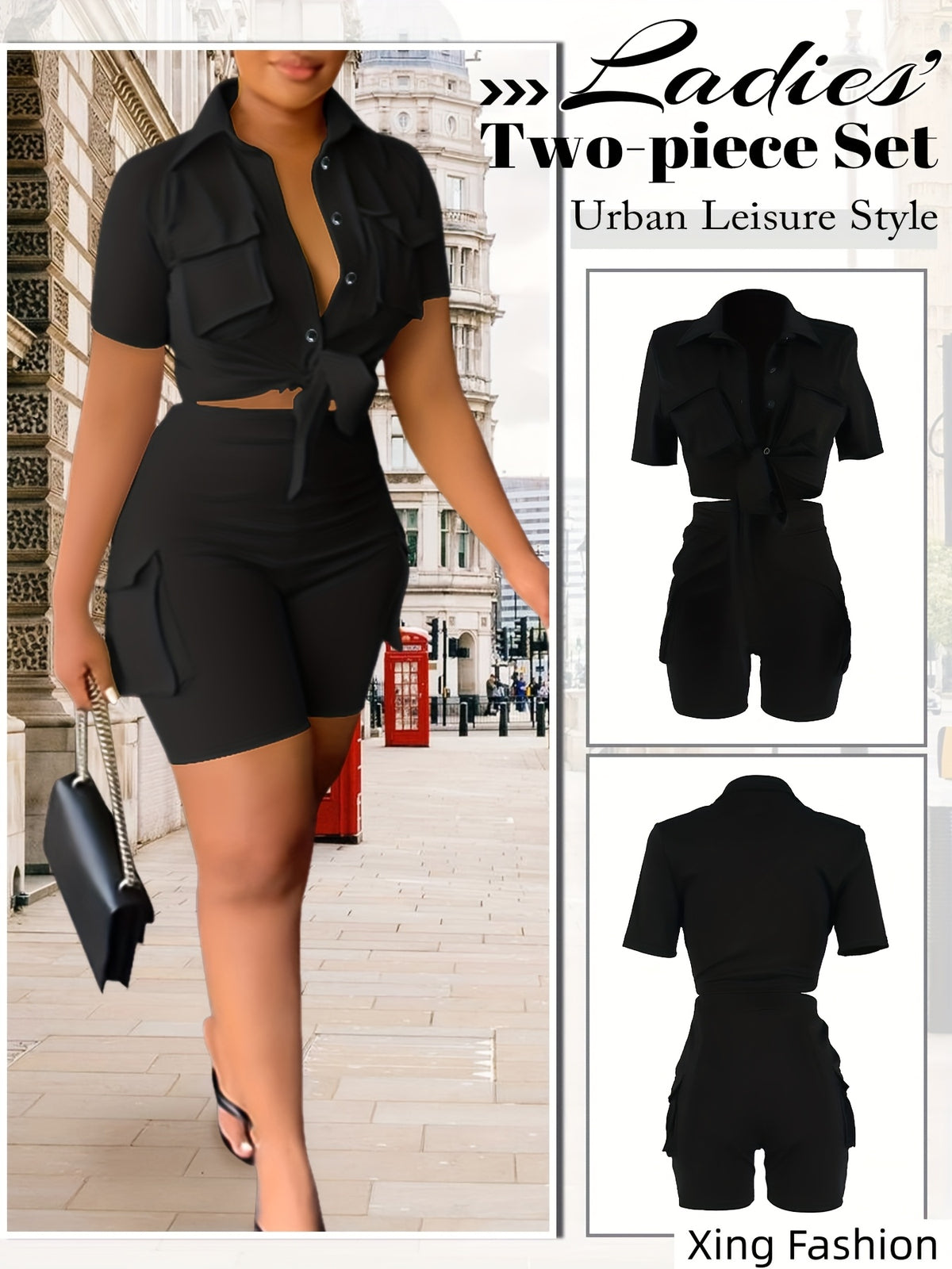 Women 2pcs Short Sleeve Button Top Biker Shorts Set Summer Casual Streetwear Solid Color with Pockets Khaki Black White Green