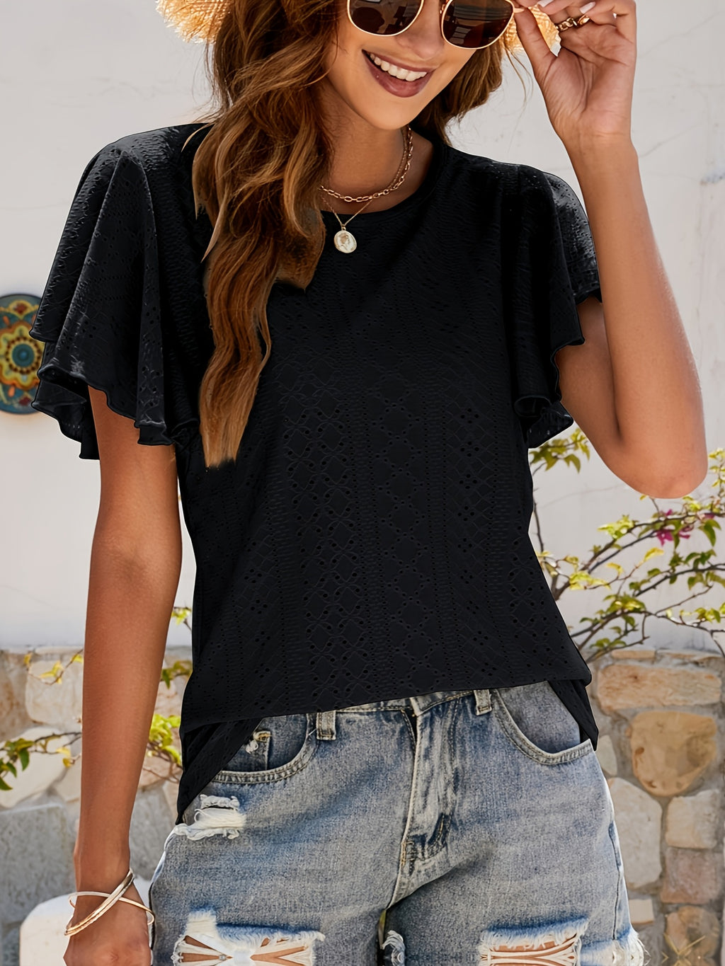 Ruffle Sleeve Hollow Out Blouse for Women | Lotus Leaf Sleeve Casual Top | Breathable Lace Trim Short Top | Chic Spring Summer Women's Shirt