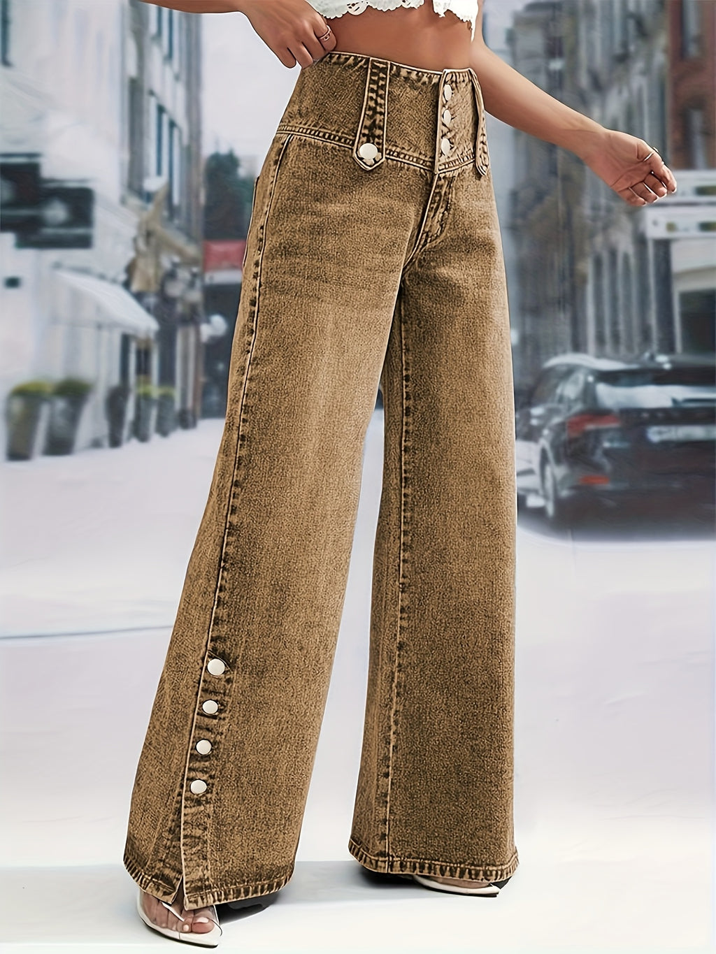 Loose Jeans for Women Button Waistband Open Button Cuff Casual Straight Denim Pants All-Season Machine Washable Travel Streetwear S-XXL