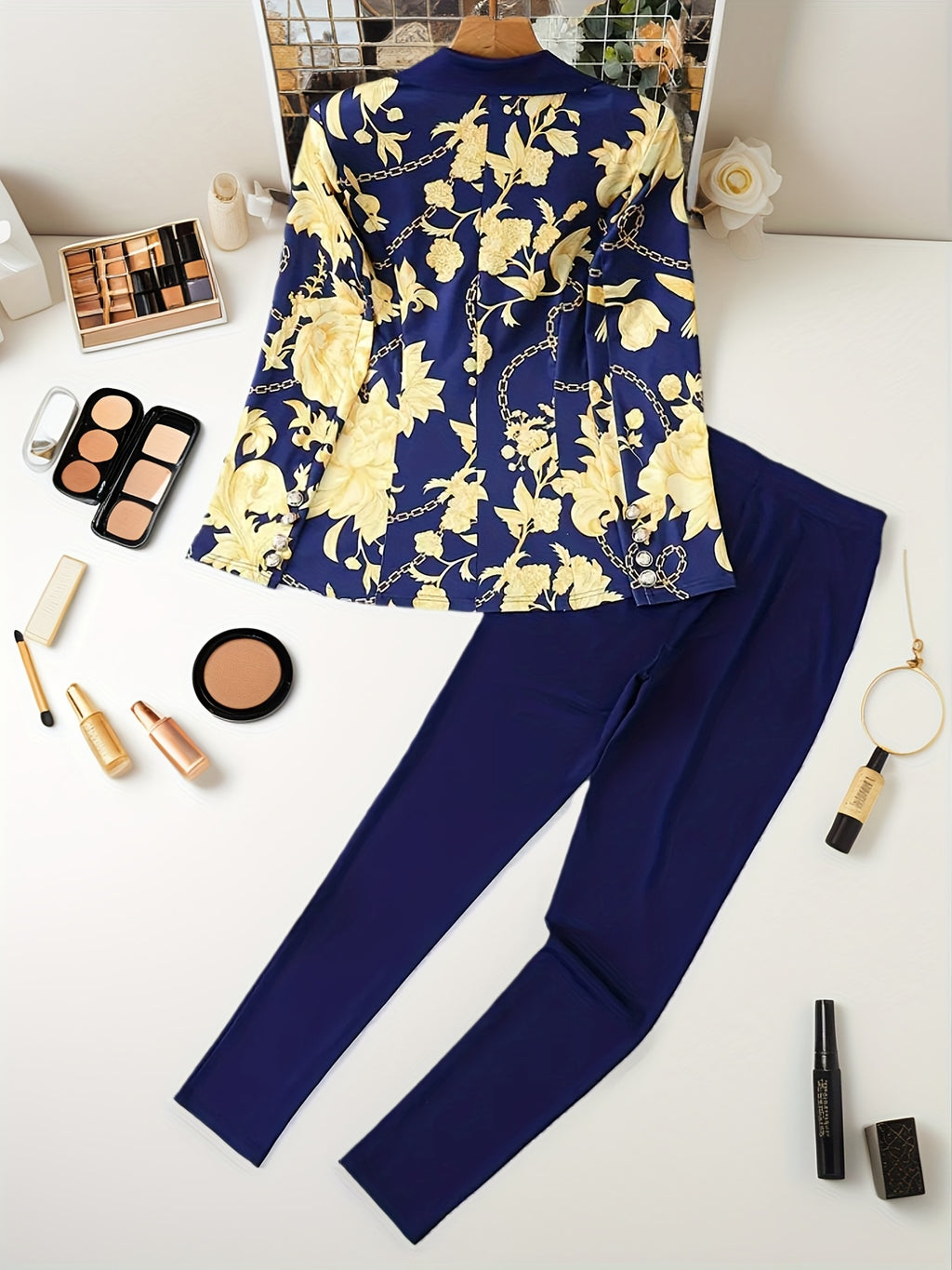 Blue Floral Print 2-Piece Suit Set Women Jacket Pants Double Breasted Lapel Commute Office Spring Fall