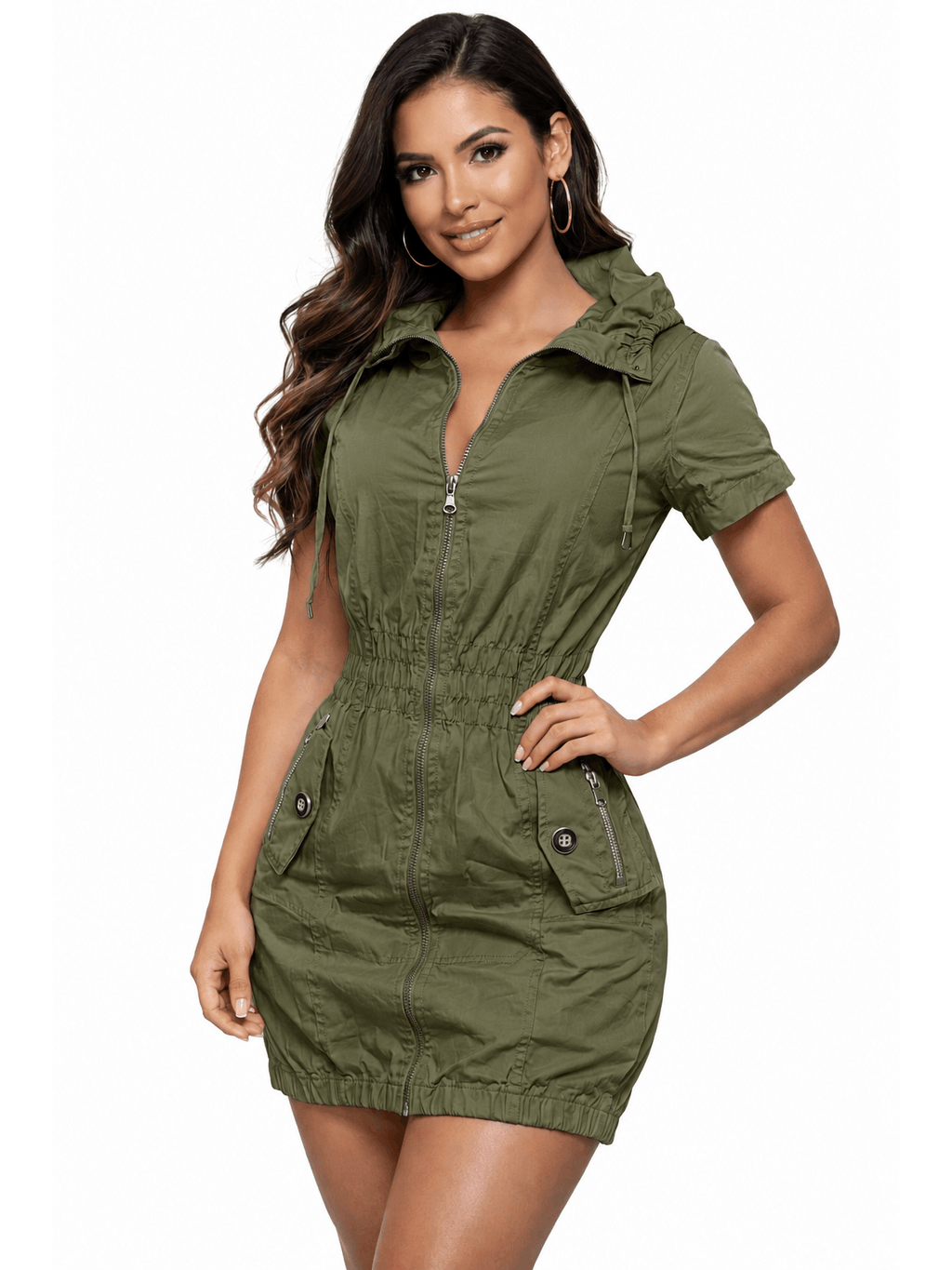 Zip Up Utility Dress Women Short Sleeve Notched Collar Zippered Pockets Elasticized Waist Tailored Casual Work Weekend Shirt Dress Lightweight