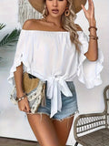 Off-Shoulder Ruffle Top Women Knotted Hem Three-Quarter Sleeve Casual Flowy Blouse Spring Summer S-XL