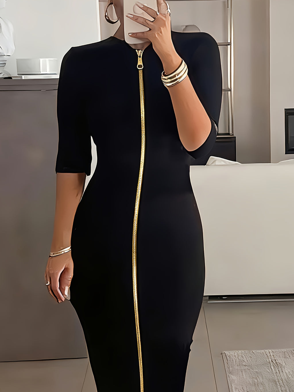 Women's Slim Fit Boat Neck Zipper Dress Short Sleeve Elegant Mid-Length Casual Dress Spring Summer Autumn