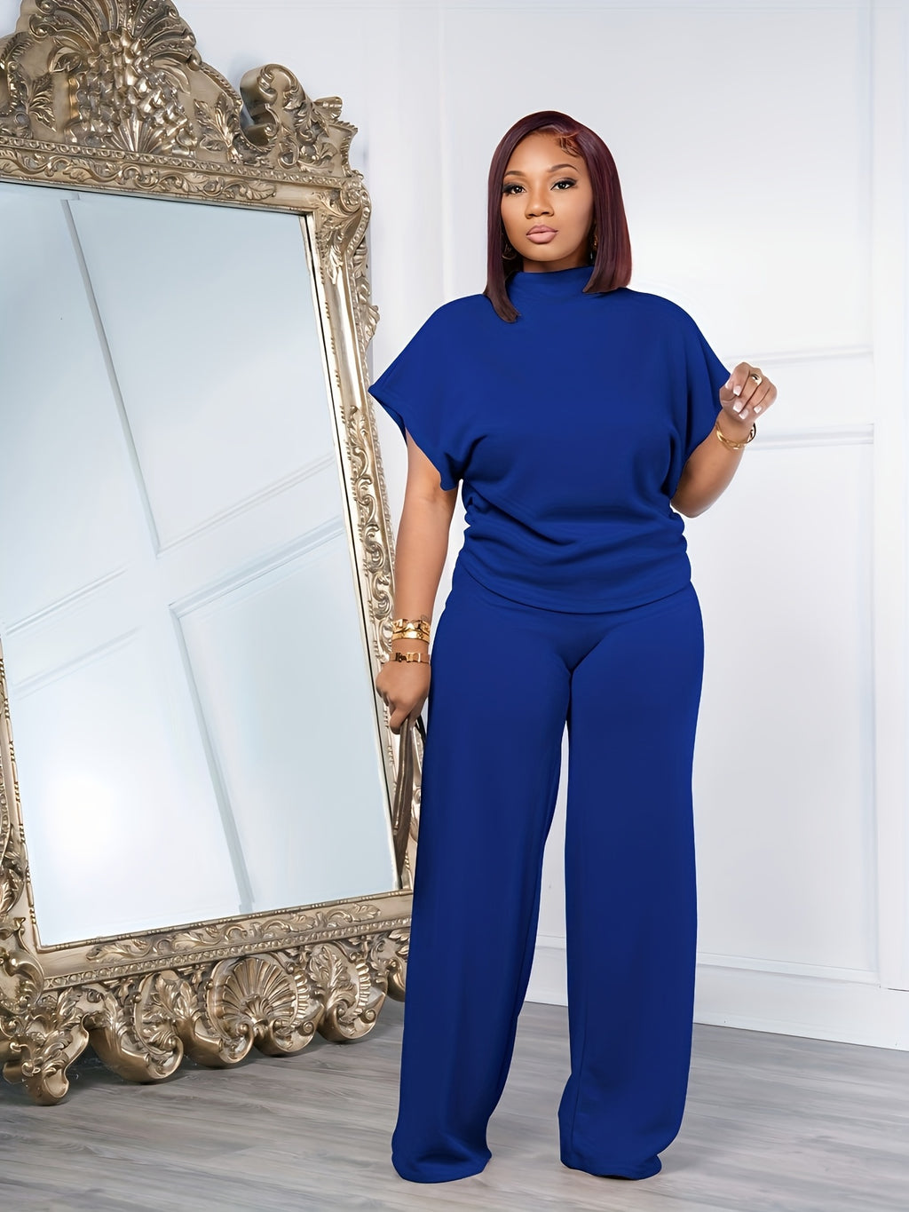 Women's Casual Sports Two-Piece Set Short Sleeve Semi-High Neck Loose Top + Wide-Leg Pants | Athleisure Tracksuit Coord for Spring Summer Daily Wear Lounge
