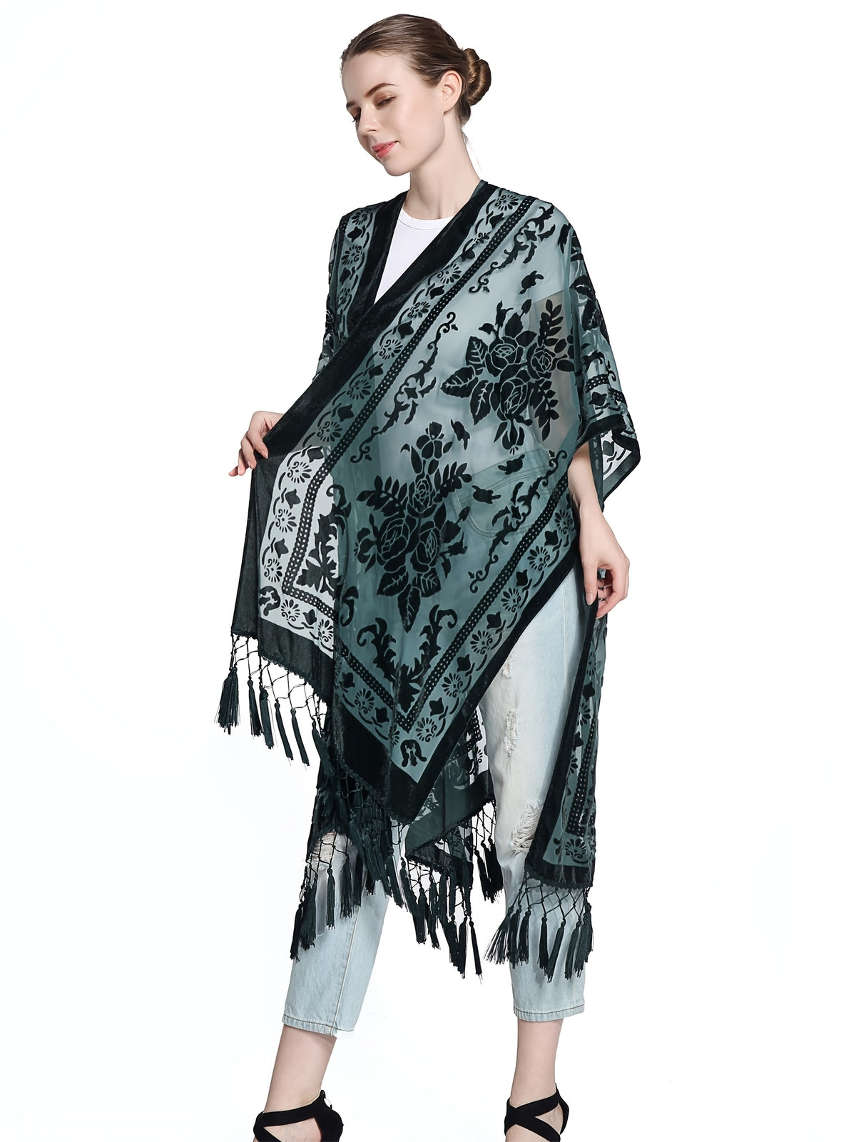 Boho Burnout Velvet Kimono Women Long Cardigan Cover Up Tassel Floral Embroidered One Size