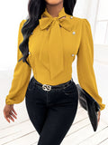Tie Neck Long Sleeve Button Shirt Women Solid Color Elegant Blouse Office Everyday Wear S-XL