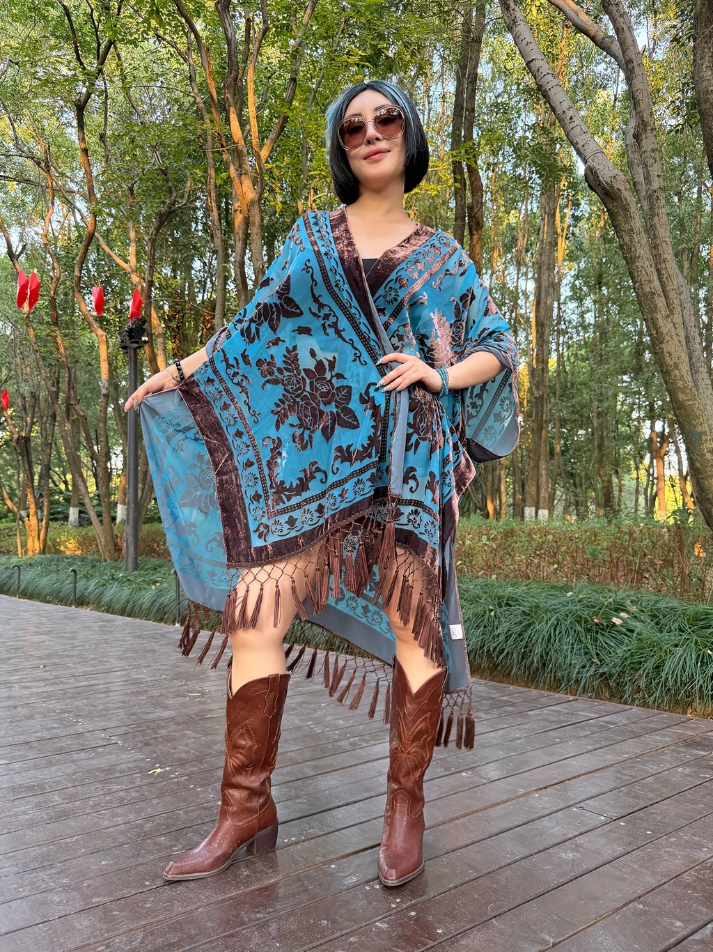 Boho Burnout Velvet Kimono Women Long Cardigan Cover Up Tassel Floral Embroidered One Size