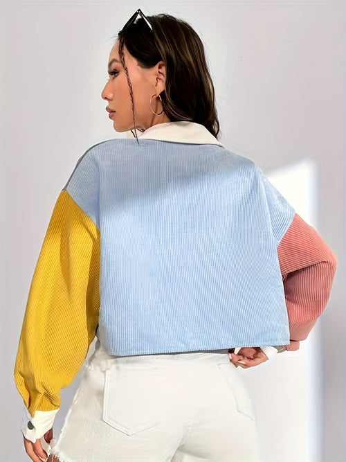 Color Block Letter Patch Off Shoulder Jacket for Women, Lapel Single-Breasted Spring Fall Coat, Trendy Streetwear Varsity Style Blazer, Casual Chic Outerwear