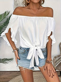 Off Shoulder Ruffle Blouse Women Three Quarter Sleeve Knot Hem Casual Chic Top Lightweight Polyester Machine Washable White Black S-XXL