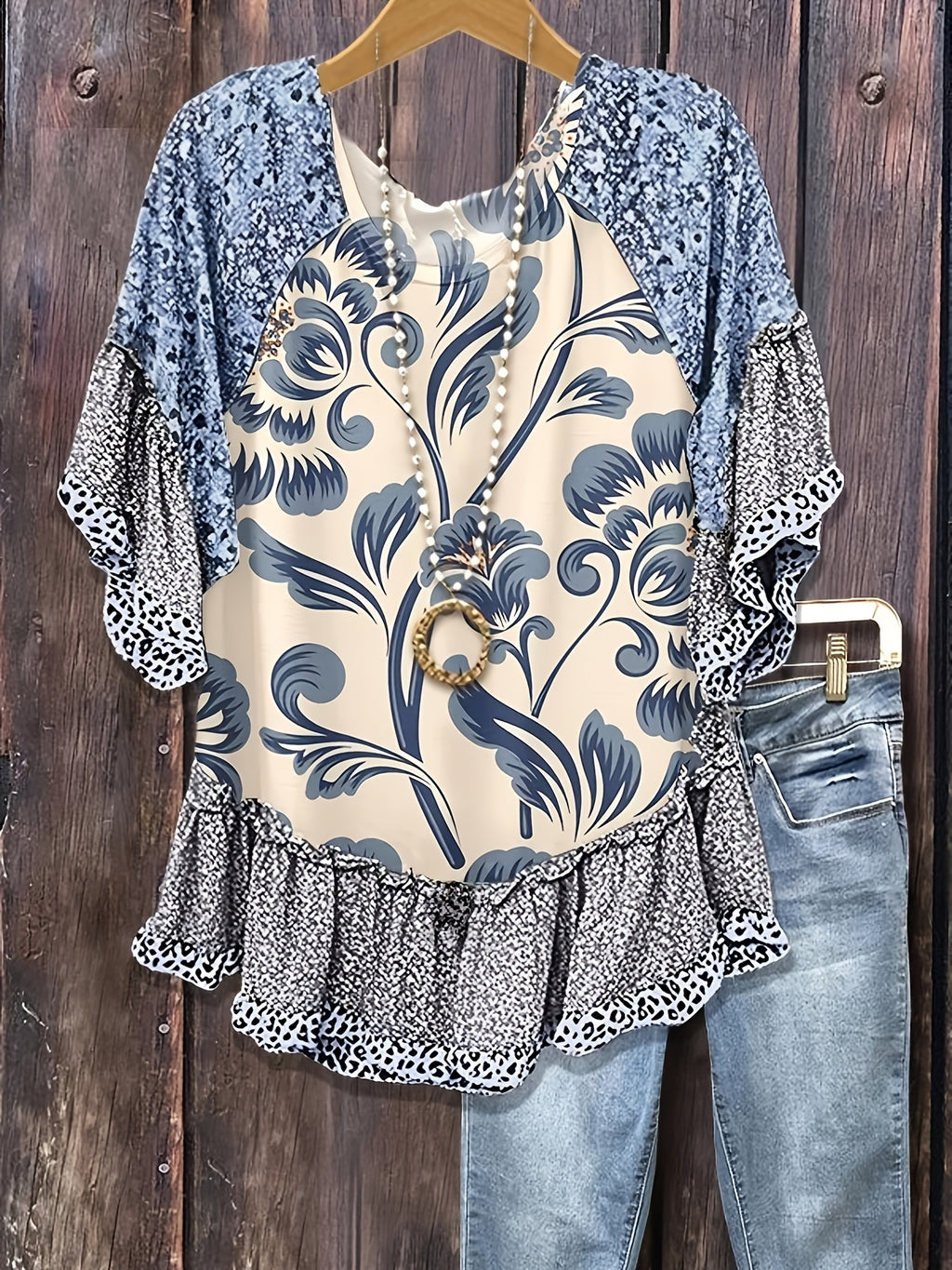 Floral Leopard Patchwork Blouse Women Mixed Print Loose Top Flared Three-Quarter Sleeves Casual Boho Chic Fashion Top S-XXL