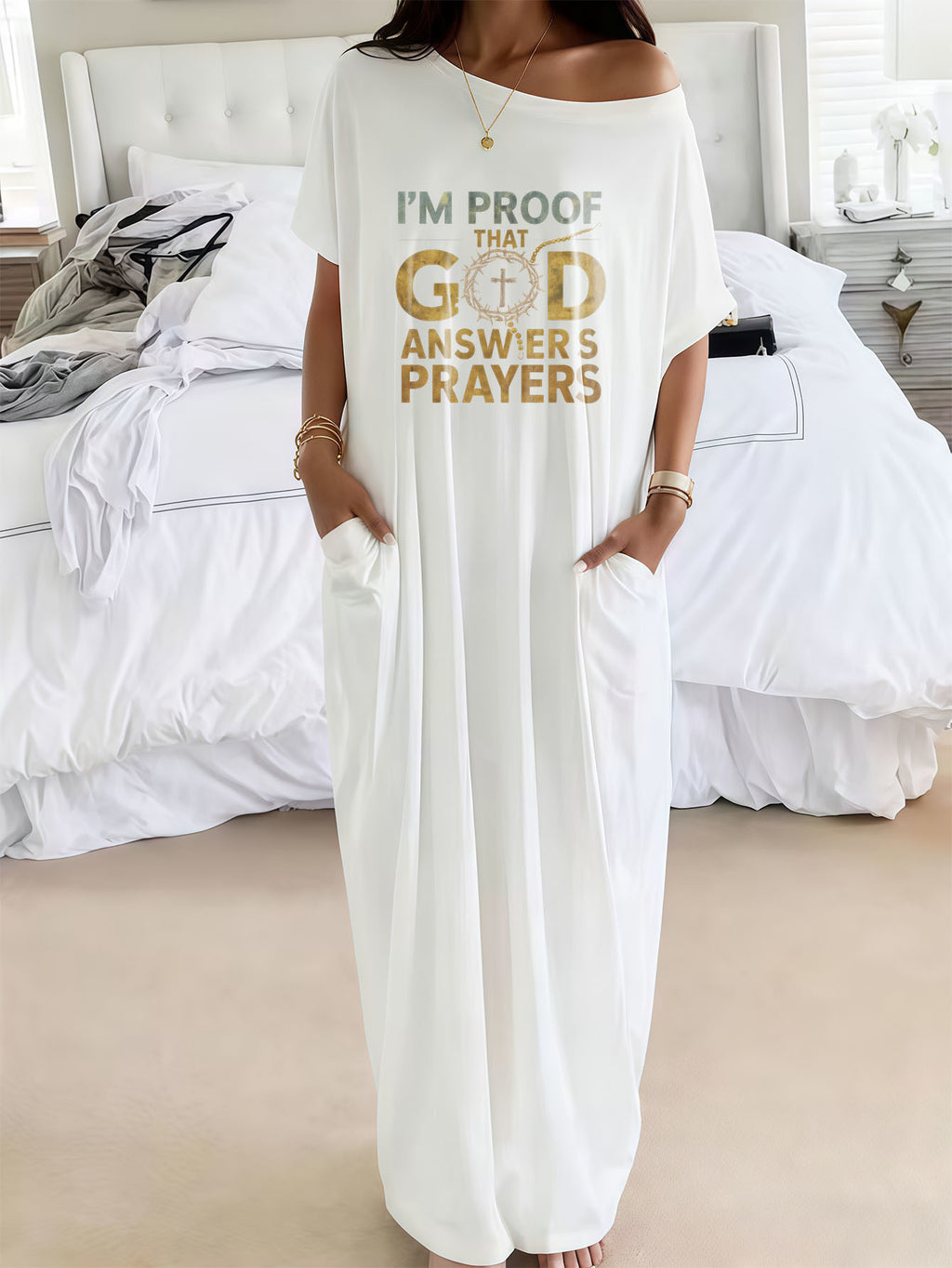 Graphic Print Maxi Dress Women "I'm Proof That God Answers Prayers" Crew Neck Short Sleeve Loose Dress with Pocket | Spring Summer