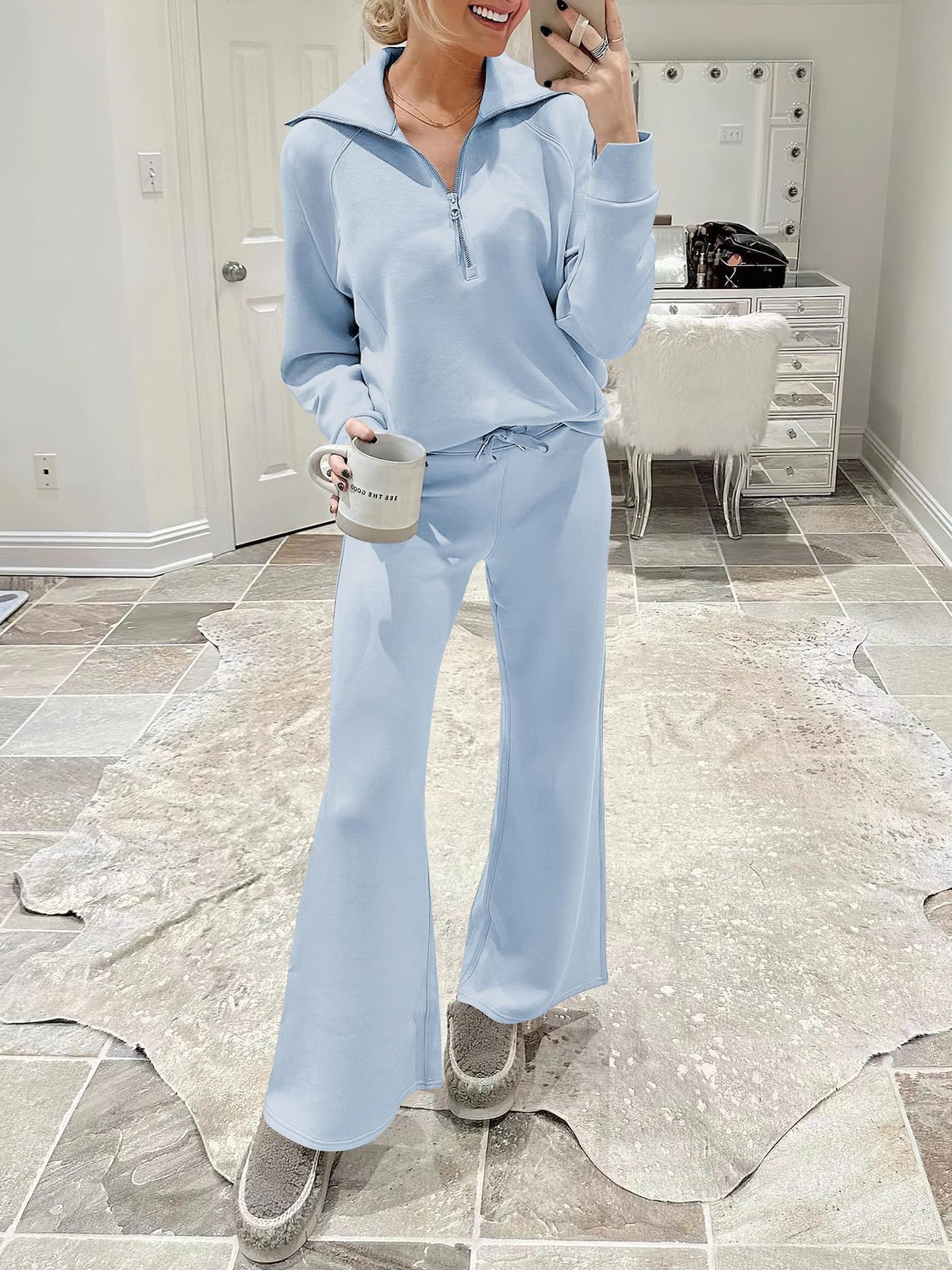 Zipper Sweatshirt Wide-Leg Pants 2 Piece Set Women Casual Tracksuit Outfit for Spring Fall - Loose Fit Jogger Co-ord Set