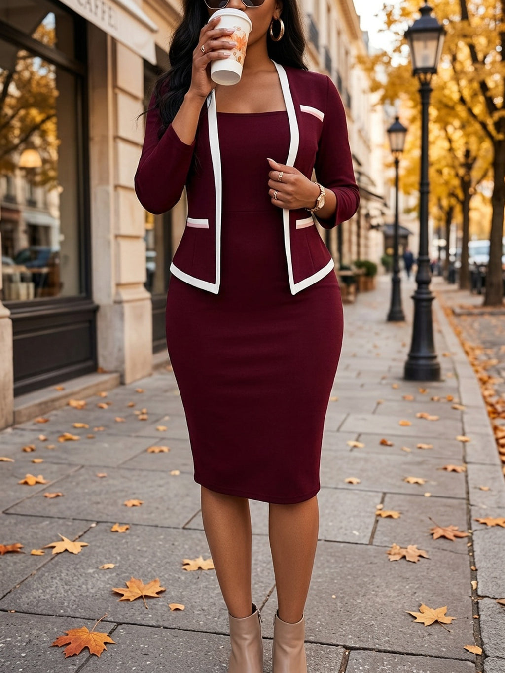 2-in-1 Bodycon Dress with Contrast Trim for Women - Long Sleeve Form-Fitting Burgundy Office Professional Elegant Dress, Smart Casual Work to Evening S-XXL