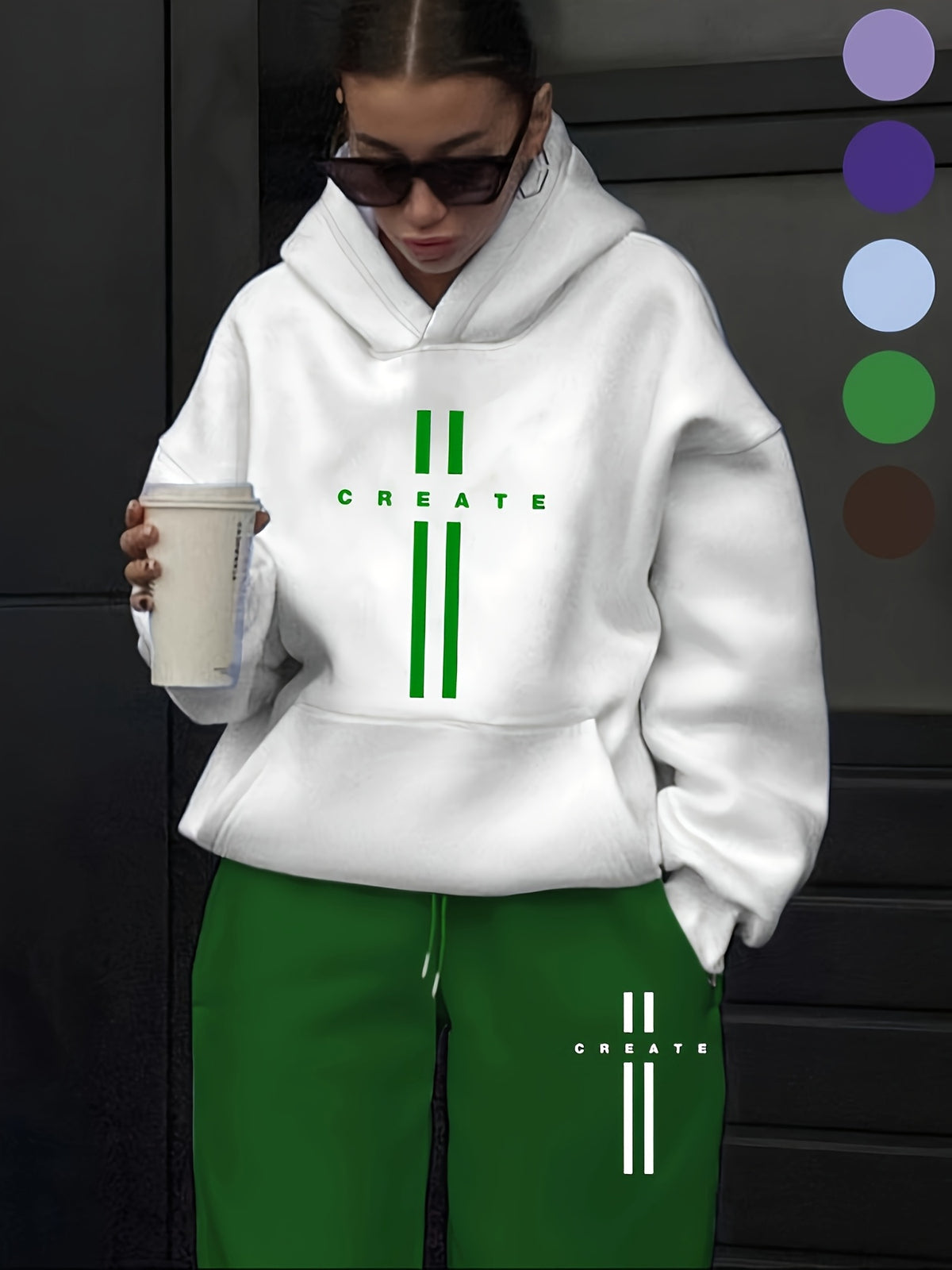 Printed Hoodie Sweatpants Set Women Oversized Fleece-Lined Tracksuit with Pockets Fall Winter Casual Jogger Outfit Dark Green Purple Sky Blue S-XXL