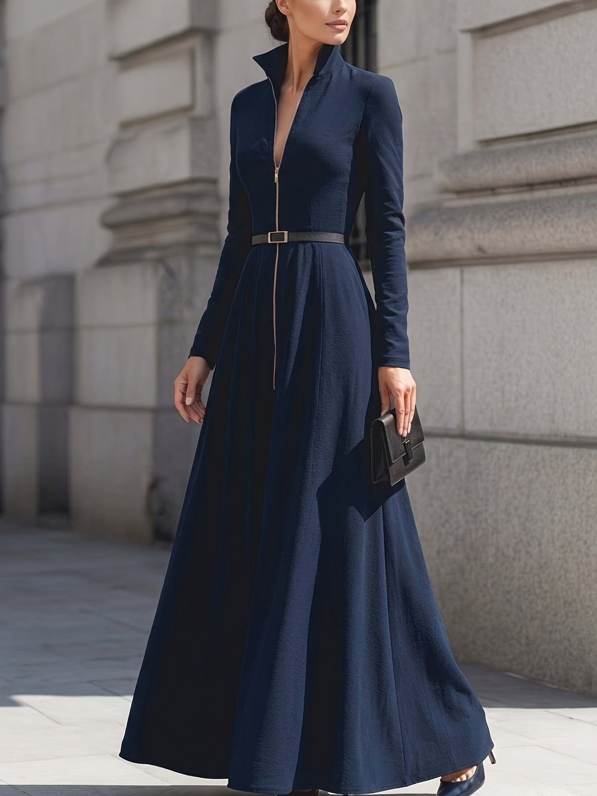 Elegant Mermaid Flared Dress for Women Long Sleeve Lapel Waist Cinching Belt Zipper Formal Evening Dress Autumn Party Dinner Wedding Guest