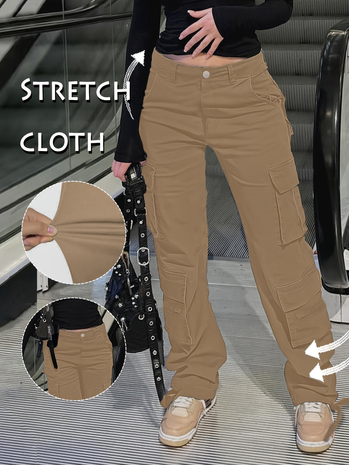 Y2K Retro Wash Women's Work Pants Multi-Pocket Casual Straight Leg Khaki Black Gray S-XXL