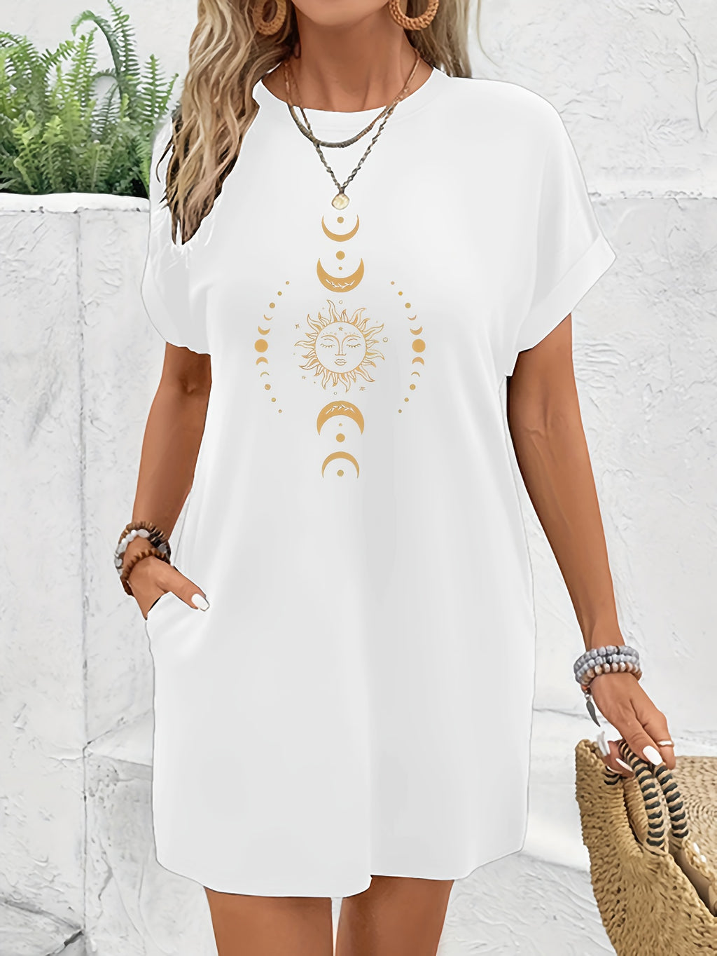 Celestial Sun Moon Stars Print T-Shirt Dress Women Boho Casual Knee-Length Short Sleeve Round Neck Graphic Dress Spring Summer S-XXL