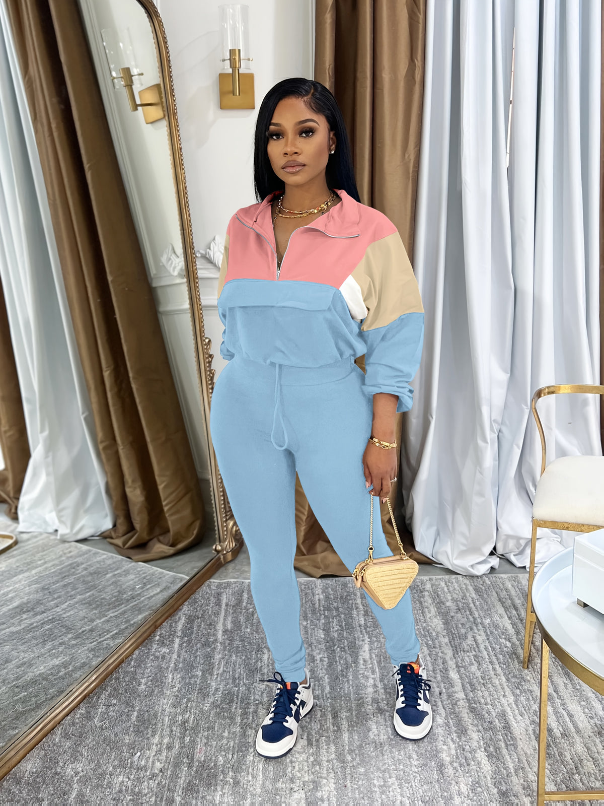 Lapel Crew Neck Sweatsuit Set for Women – Half-Zip Long Sleeve Sweatshirt & Sweatpants 2-Piece Casual Outfit, Solid Color Fall Winter Loungewear