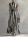 Vertical Stripe Stand Collar Wide-Leg Jumpsuit Women Waist-Cinching Vintage Elegant Commuter Office Dating Spring Summer