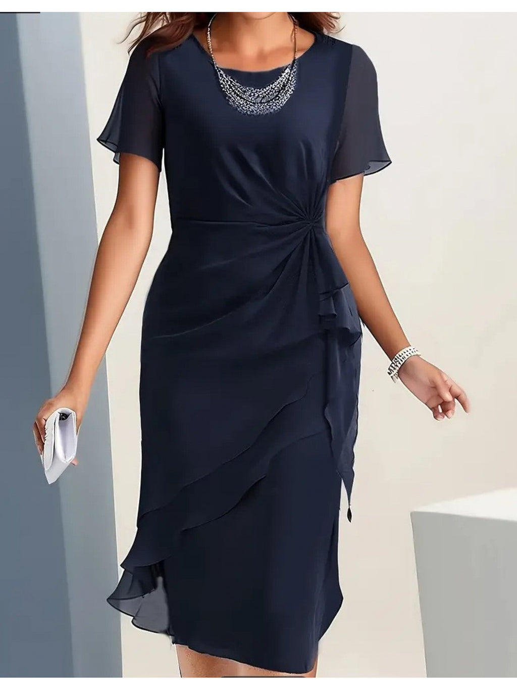 Chiffon Patchwork Dress for Women Slim Fit Round Neck Waist Twist Asymmetrical Ruffle Hem Wedding Guest Evening Party