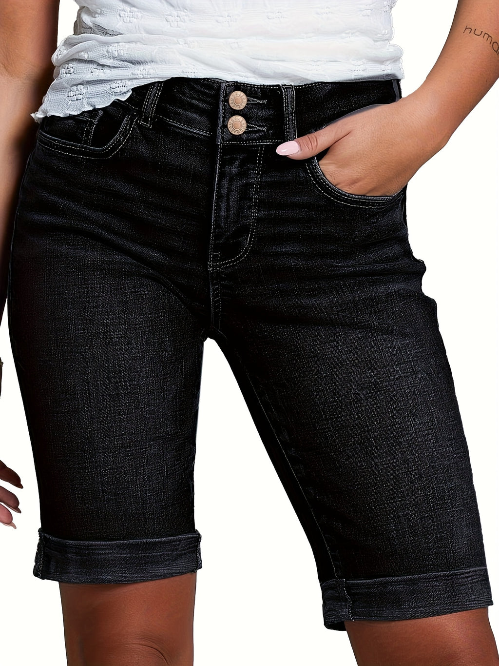 Stretch Denim Bermuda Shorts for Women - Vintage Washed Blue Double Button Wide Waist, Soft Comfortable Mid-Thigh Casual Summer Jean Shorts
