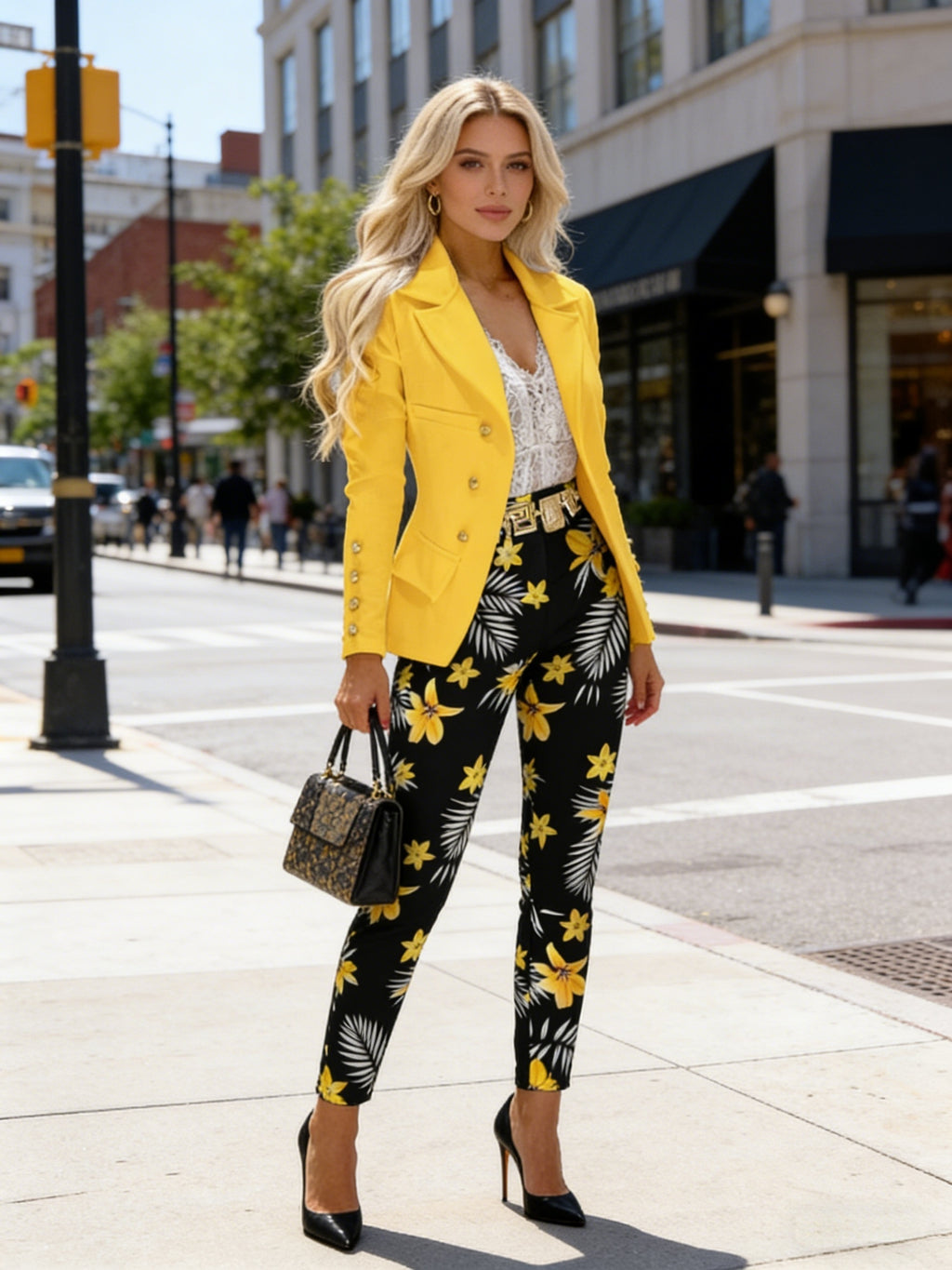 Women's 2pcs Suit Set Bright Yellow Double-Breasted Blazer and Black Floral Print Pants Elegant Office Commuter Outfit Spring Summer