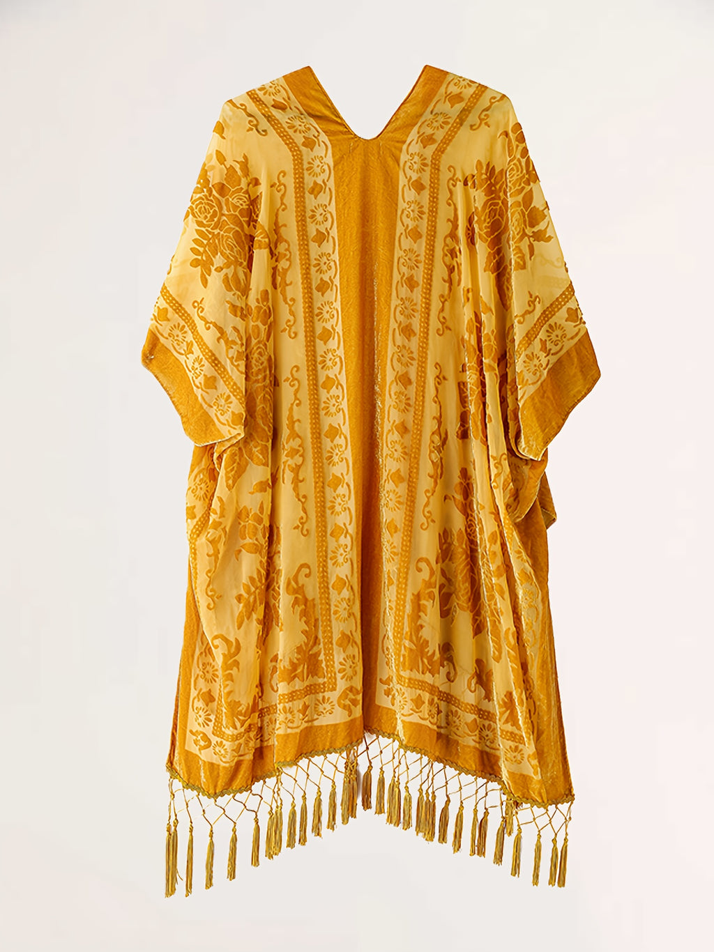 Boho Burnout Velvet Kimono Women Long Cardigan Cover Up Tassel Floral Embroidered One Size