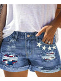 Patchwork Ripped Turn-Up Hem Denim Shorts for Women - High Waist Printed Vintage Distressed | Edgy Casual Summer Jean Shorts | Blue S-XXL
