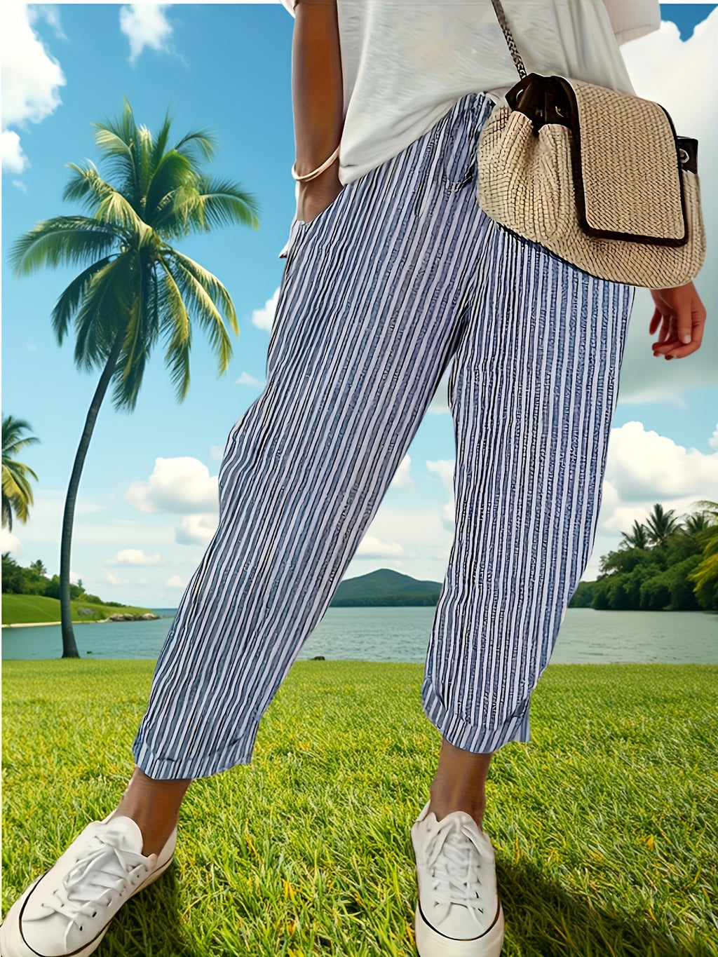 High Waist Wide Leg Pants Women Side Stripe 3/4 Length Casual Lightweight Polyester Relaxed Fit All Season Sporty Trousers