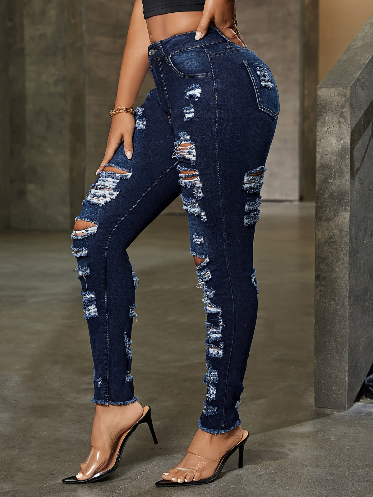 Women's High-Stretch Skinny Jeans Dark Blue Distressed Semi-Sheer Denim Mid-Rise Waist All-Season Casual Wear