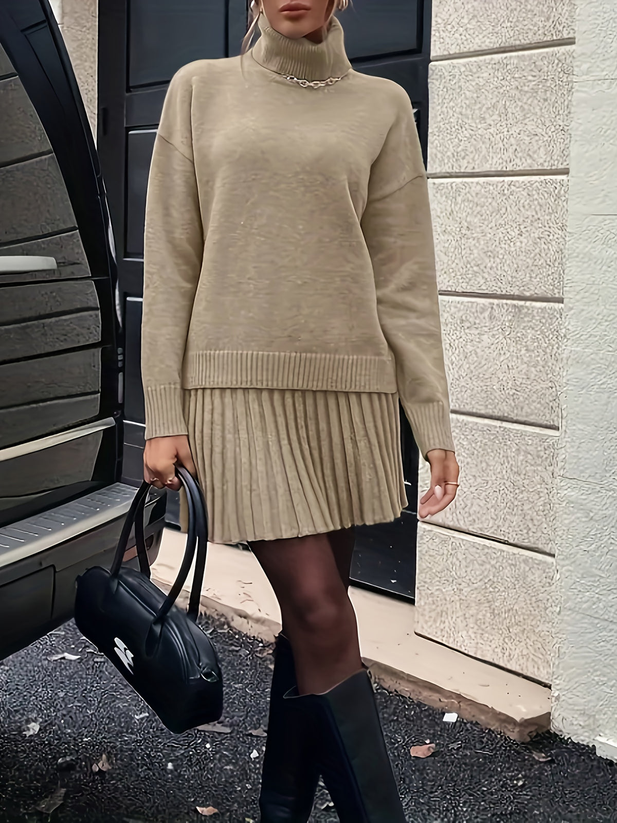 High-Neck Sweater Pleated Skirt Two-Piece Set Women Elegant Drop Shoulder Long Sleeve | Chic Knit Top + Pleated Skirt Co-Ord for Fall Winter Office & Daily Wear