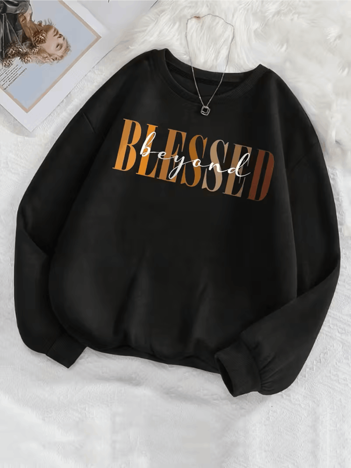 Women Blessed Graphic Pullover Sweatshirt Soft Casual Long Sleeve Crewneck Fall Holiday Party Top Machine Washable Grey Black White S-XXL